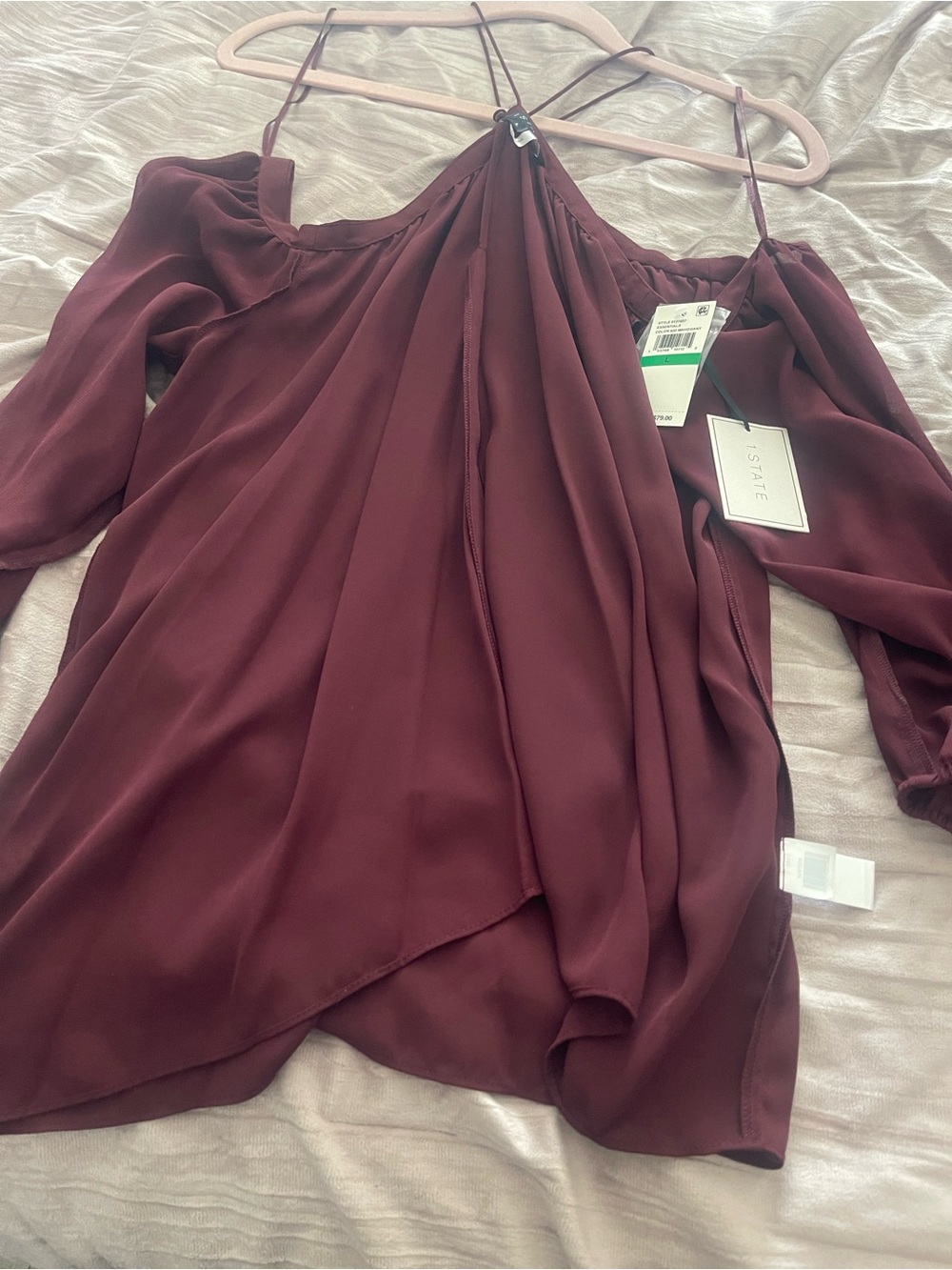1.STATE Burgundy Cold-Shoulder Halter Blouse